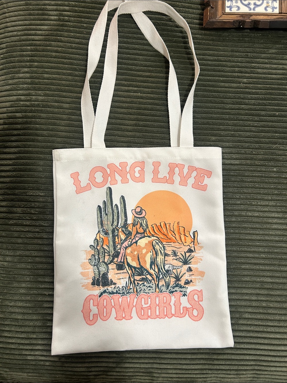 Long Live Cowgirls Graphic Canvas Tote - White with Peach & Tan Print